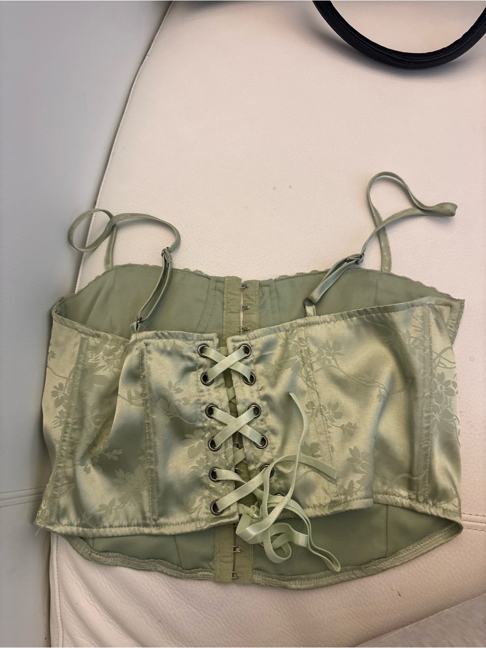 La Hearts Sage Green Satin Lace Bustier Crop Top - Picture 3 of 3